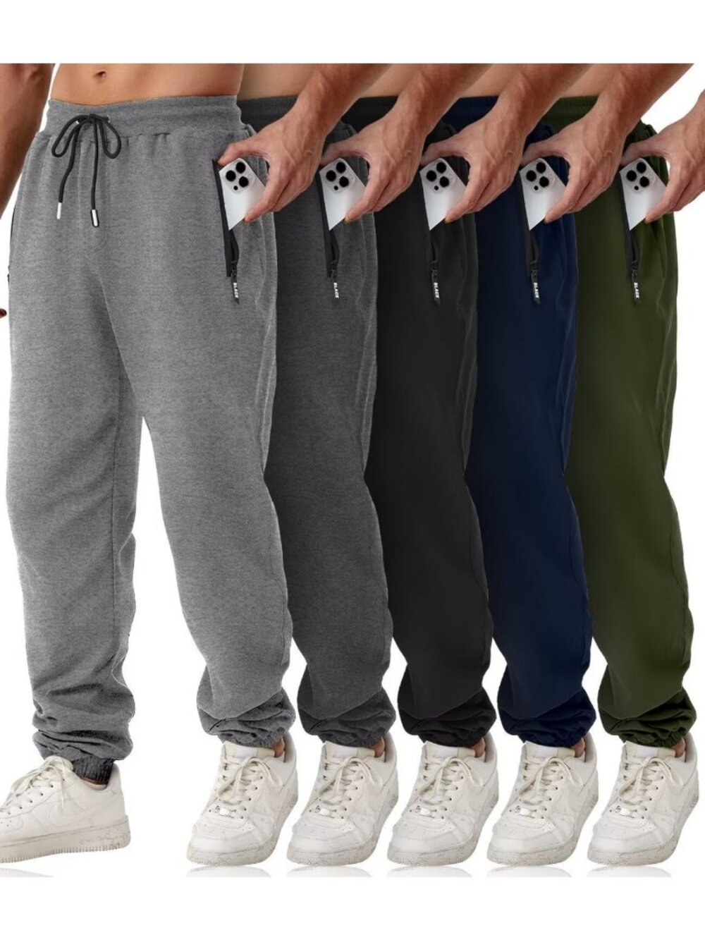Men's Athletic Joggers 5-Pack with Zipper Pockets | Slim Fit Warm Track Pants